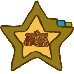  a star shaped folder with a yellow inside and darker yellow greenish outside with a tab of the same colour, a blue tab and a green tab with the animal crossing logo.